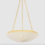 Summerside Pendant shown on white background emphasizing vintage gold leaf dish inside the Coco Shell bowl