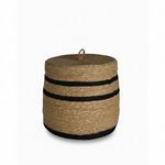 Natural bamboo storage box with smooth finish, round shape, and two black horizontal stripes