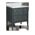 Vanity angled slightly from front with brass hardware and carved drawer fronts