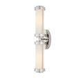 Side angle of Bowland Bath Wall Sconce showing depth and nickel finish over opaque glass tubes