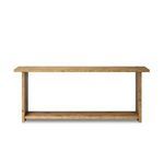 Distressed light oak console table with natural knots, paneled sides, and lower shelf storage