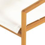 Close-up detail of the cushioned sling corner and wooden armrest joint