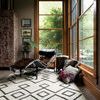 rug placed in sunlit room with wooden trim, chaise lounge, and decorative pillows