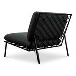 Rear angled view showing crisscross stainless steel frame and cushion ties on dark gray outdoor chair