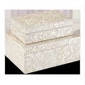 Set of two white decorative boxes covered with tiny mother of pearl circles in a shimmering pattern