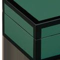 Close-up of corner edge of smaller green lacquer box highlighting glossy finish and black trim