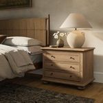Lifestyle bedroom scene with Geoffrey Veneer Nightstand beside bed and lamp on top