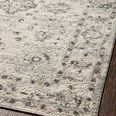 Angled close-up showing detailed border and muted color palette of Estelle Ivory Stone Rug on dark floor