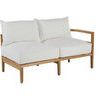 Santa Barbara Teak right arm facing outdoor sofa with white cushions and teak wood frame