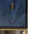 Close-up of brass handle and blue textured sycamore veneer door pattern with brass leg detail