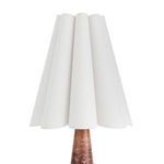 Close-up focusing on scalloped white lamp shade texture and shape from above