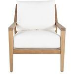 Front-facing Savannah lounge chair with white cushions and clean teak frame lines