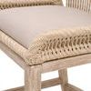 Close-up of light gray fabric seat cushion and the woven rope frame edge with natural wood below