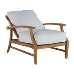 Angle view focusing on seat and backrest with cushion thickness and teak frame lines