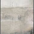 Abstract painting with muted beige and gray tones, textured layers suggesting a tranquil dusk landscape with subtle light ...