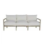 Front view of Santa Barbara Teak Sofa showcasing three white cushions and teak wood frame