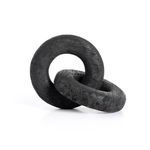 Decorative carbonized black wood knot sculpture featuring two interlinked rounded loops with textured reclaimed wood finish