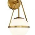 Polson 1 Light Sconce with opal etched glass globe held by warm brass band and slender arm