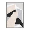 Abstract painting with overlapping beige, black, gray, and white geometric shapes on a large vertical canvas