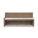 Front angle highlighting cushion thickness and rattan frame details on bench