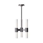 Modern Dixon Pendant with six opal white glass pillars and black metal arms, light open at top and bottom