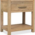 Driftwood one-drawer nightstand in warm sun-faded oak tone with pull-out shelf and bottom shelf