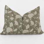 Sage floral block print pillow cover in sage green with cream floral pattern on textured linen fabric