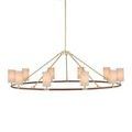 Lit chandelier with tan linen shades hanging by a round ceiling mount, side perspective