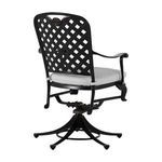 Rear angle of swivel rocker chair showing lattice back and white cushion