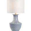 Classic table lamp with blue and white textured ceramic base and white drum shade, acrylic mounting