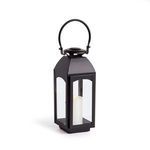 Antoinne Outdoor Lantern in dark black faux zinc with clear glass panels and candle inside
