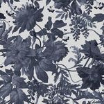 Floral wallpaper pattern with large leaves and flowers in rich blue and off-white shades