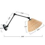 Wall sconce showing exact measurements for arm length, shade diameter and base size