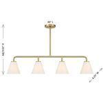 Chandelier with dimensions overlay: 40 inches length, 6.25 inches width, adjustable height 9 to 63 inches