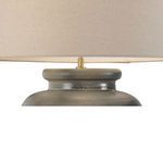 Detail view of lamp neck and rolled-edge linen shade attachment with brass finial