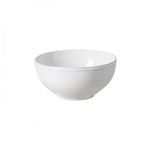 Medium white stoneware serving bowl with smooth rounded shape and slightly raised base