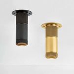 Dighton Flush Mount ceiling light in Aged Brass and Distressed Bronze finishes, featuring knurled details and cylindrical ...