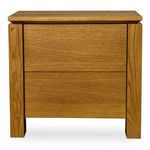 Brook nightstand in mid-tone brown oak with blocky silhouette, floating undercut top, and thick legs