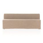 Full front view of bench with taut flax linen slipcover over shape
