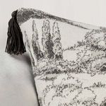Close-up of toile patterned corner tassel and fabric texture on pillow placed on light chair