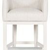 Ian Performance Wood Flare Base Stool with curved upholstered light beige seat and flared whitewashed wood legs