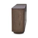 Side profile highlighting rounded edges and rich oak wood grain on the buffet
