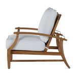 Side view showing tapered legs and brass reclining hardware on teak armrest