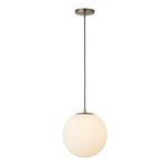 Sol pendant light shown illuminated, glowing warm through frosted white globe