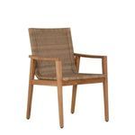 Outdoor dining arm chair with teak wood frame and woven natural fiber seat and backrest
