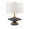 Jebel Table Lamp with white background, showing full profile with beige linen shade and stone base