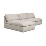 Beige sectional showing angled front left side with chaise lounge