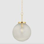 Falls Mills Pendant with clear swirl-patterned globe and aged brass suspension chain and top fitting