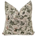 Square pillow with linen fabric featuring dusty rose and cypress leafy stem pattern in calming natural tones