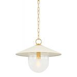Ressi Pendant with soft cream conical shade, frosted spot-etched lower globe, and chunky aged brass chain
